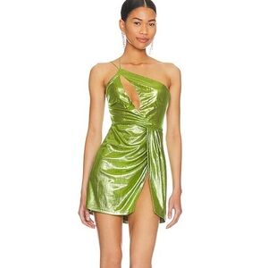 superdown Metallic Green Claudette Cut Out Front Slit Detail Mini Dress NWOT S